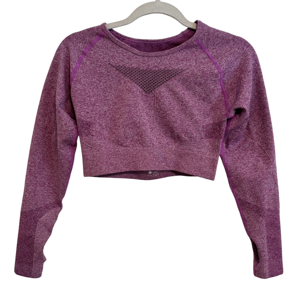 Jollmono Long‎ Sleeve Workout Crop Top Womens Large Purple Gym Activewear